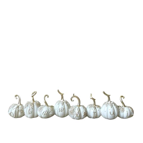 Give Thanks THANKFUL Pumpkins 17.5in Resin White & Gold Fall Designer Decor NEW - Picture 9 of 15